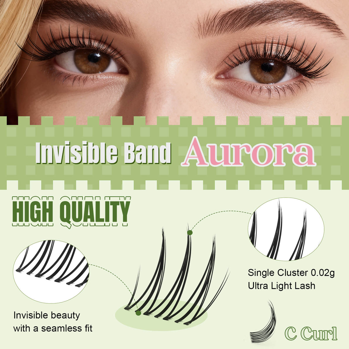 KEYYOU Aurora lightweight C curl lash clusters with an invisible band