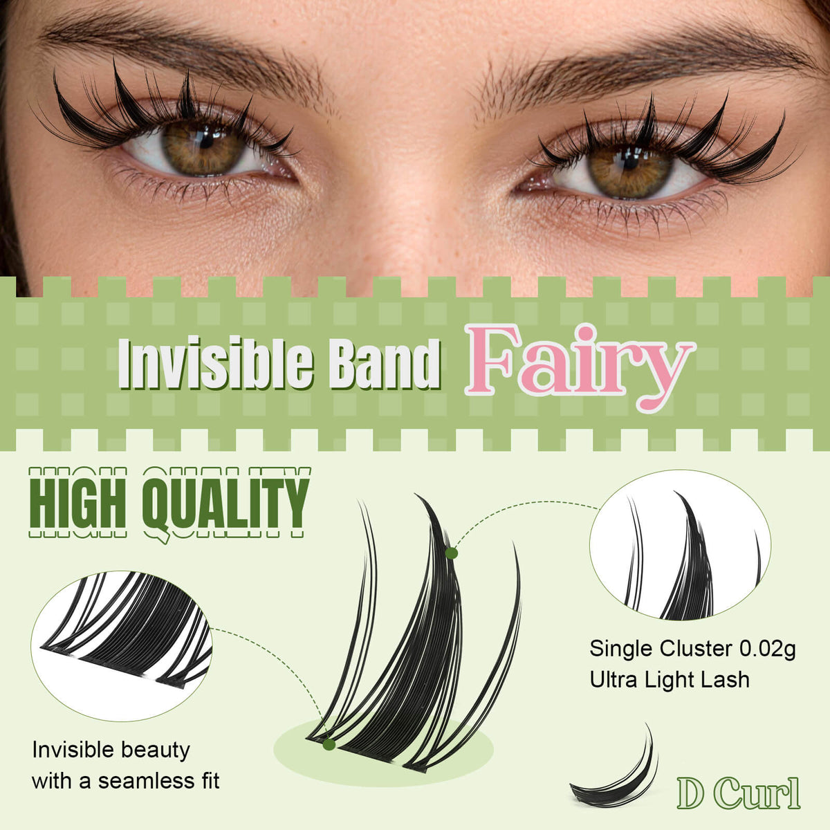 KEYYOU Fairy lightweight D curl lash clusters with an invisible band and seamless fit