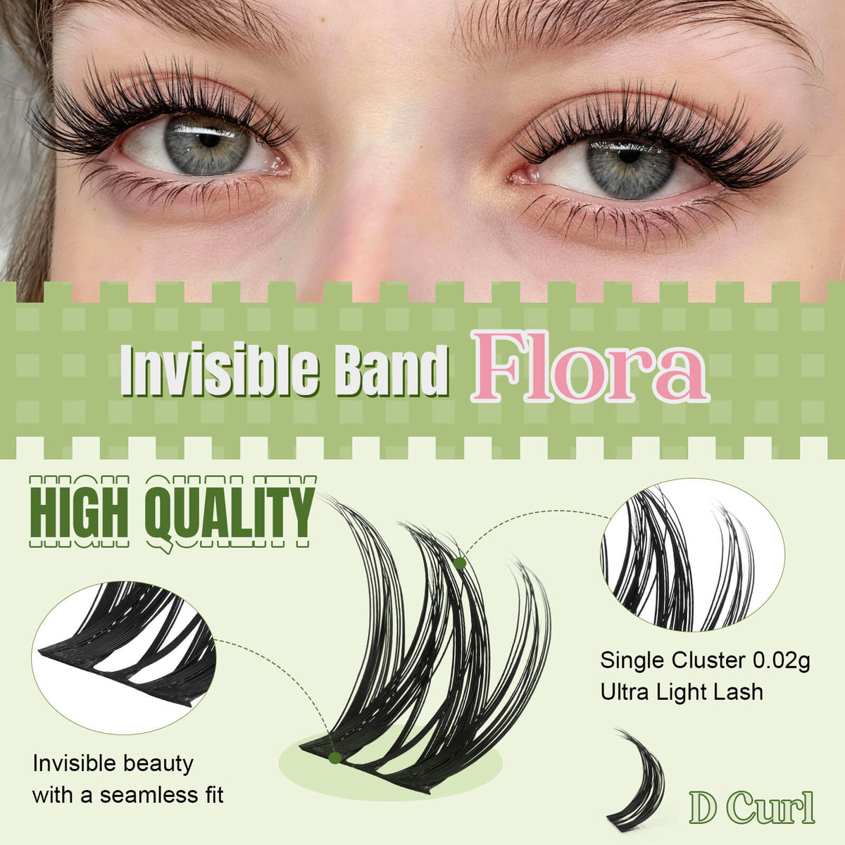 KEYYOU Flora lightweight D curl lash clusters with an invisible band