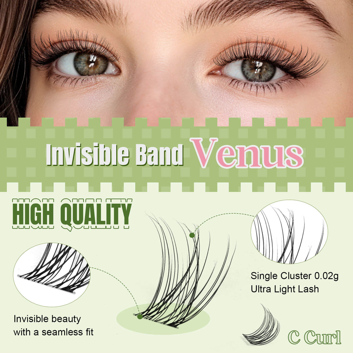 KEYYOU Venus lightweight C curl lash clusters with an invisible band and seamless fit