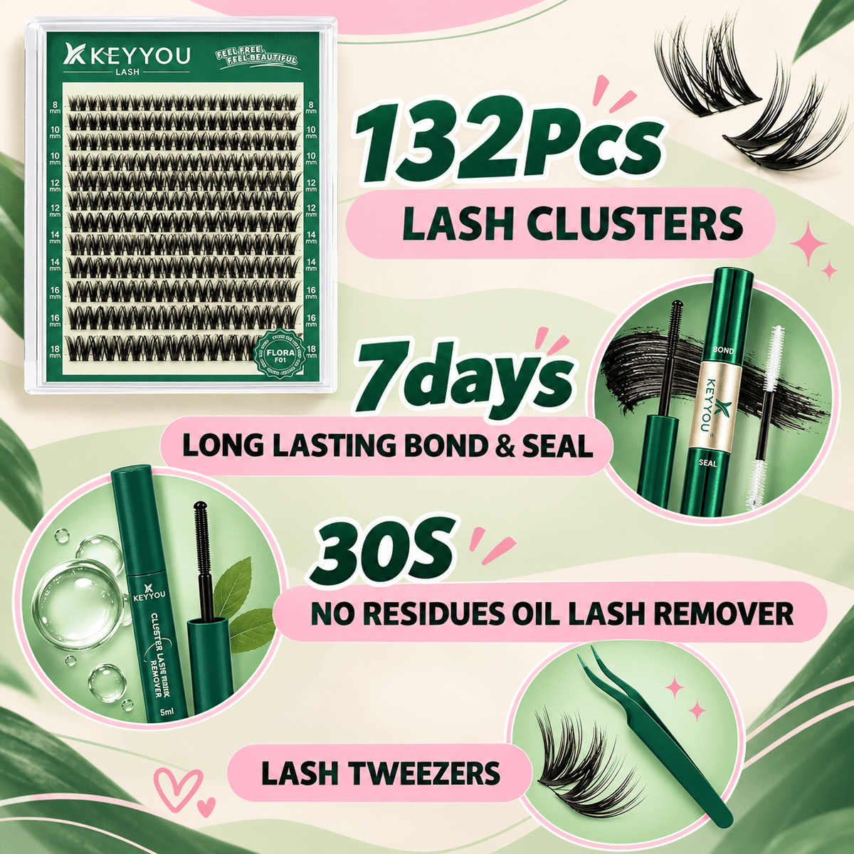 KEYYOU DIY lash kit with lash clusters, bond and seal, lash remover, and lash tweezers