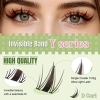 KEYYOU Y Series lightweight D curl lash clusters with an invisible band and seamless fit